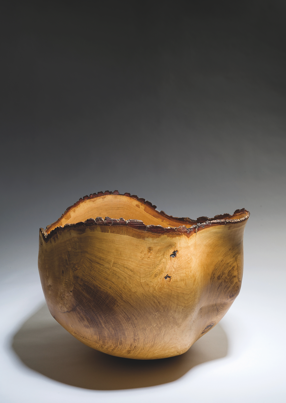Hand-carved wooden bowl or vessel with rough bark rim on a gray studio background, warmly lit and centered.