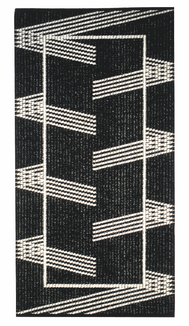 Abstract black-and-white woven pattern with diagonal striped bands inside a tall rectangular frame.