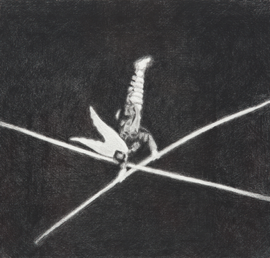 Abstract black-and-white image with bright diagonal lines crossing over a blurred central shape on a dark textured background