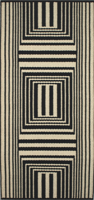 Abstract black-and-cream geometric pattern with vertical stripes and nested rectangles, creating a bold optical effect