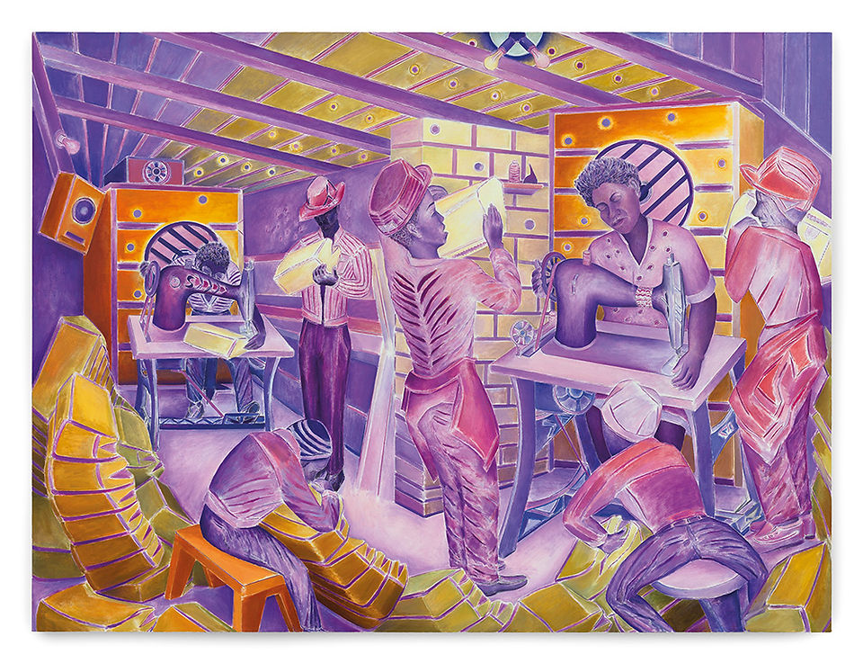 Stylized painting of seamstresses and tailors working at sewing machines in a purple-yellow workshop, focused and busy.