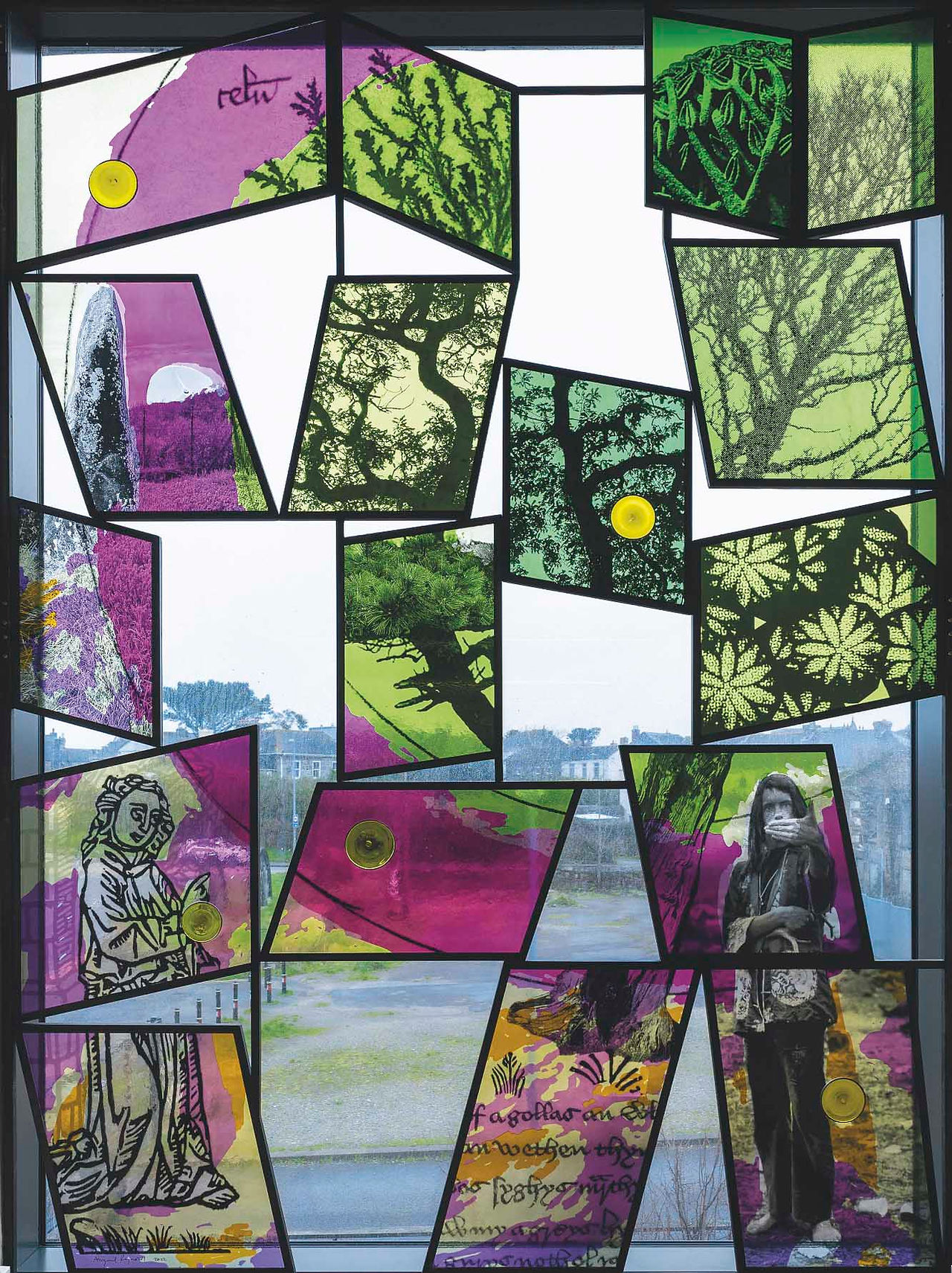  Stained-glass-style collage on a window with green and magenta tree scenes, figures, handwritten text, and yellow push pins.