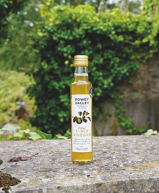 Bottle of Fowey Valley vintage cider vinegar stands on a stone ledge, with a blurred green garden backdrop.