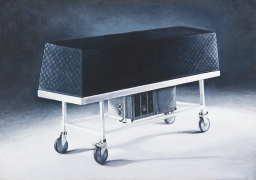 Abstract painting of a large black rectangular machine on four caster wheels in a dim blue-gray empty space.