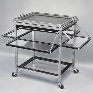 Gray metal wheeled utility cart with a raised rectangular tray and braces, shown on a plain studio background.