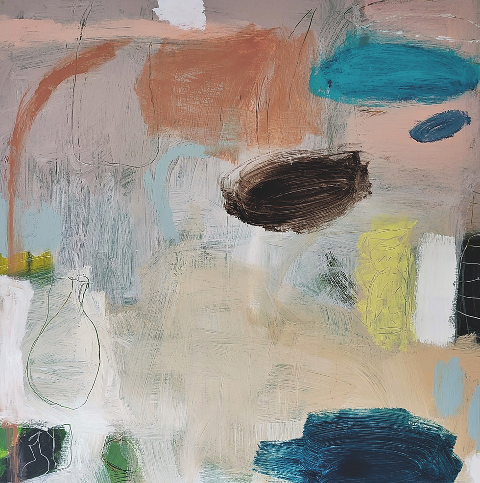 Abstract painting with layered pastel brushstrokes in peach, teal, cream, and black, plus vase outlines. at Morgans of Falmouth