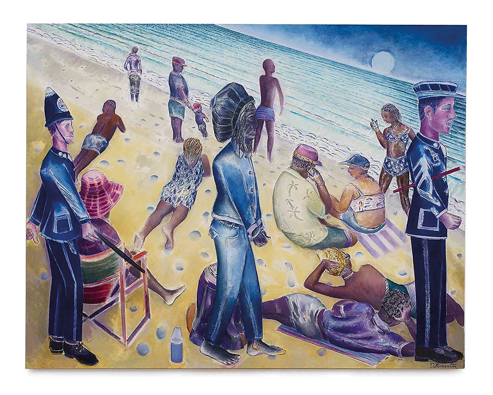 Painting of beachgoers relaxing on a sandy beach while two uniformed police officers stand at the edges; moonlit sea in background.