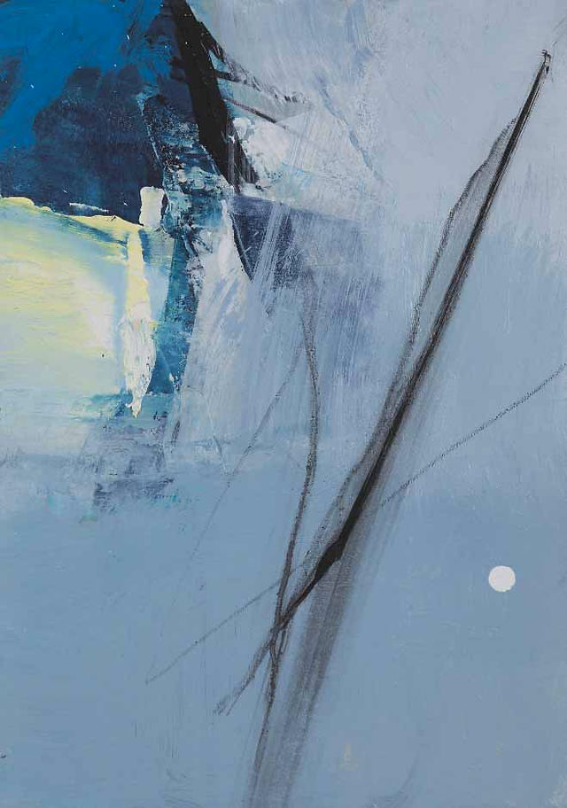 Abstract blue and white painting with bold black diagonal brushstrokes and a small white dot on a calm, textured background Artwork by Neil Canning 