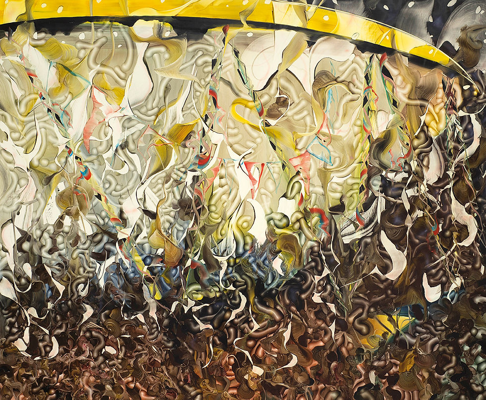 Abstract layered ribbons and swirls in yellow, cream, brown, and black, creating a busy textured composition with no text ‘Double Discovery’ 2012, oil on canvas, 140 by 170 cm