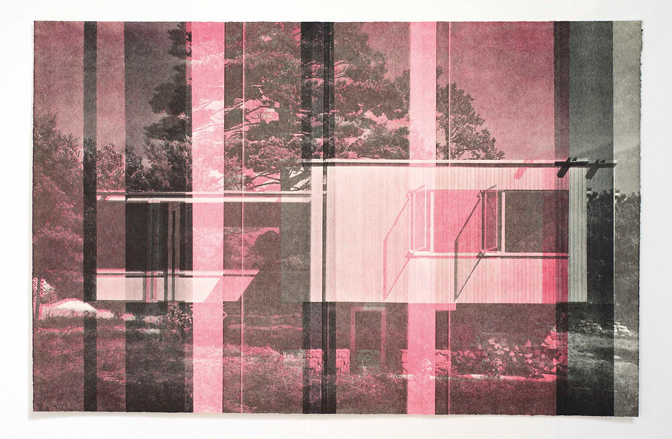 Abstract pink-and-gray collage of a modern house in trees, with vertical bands and layered windows creating a moody look