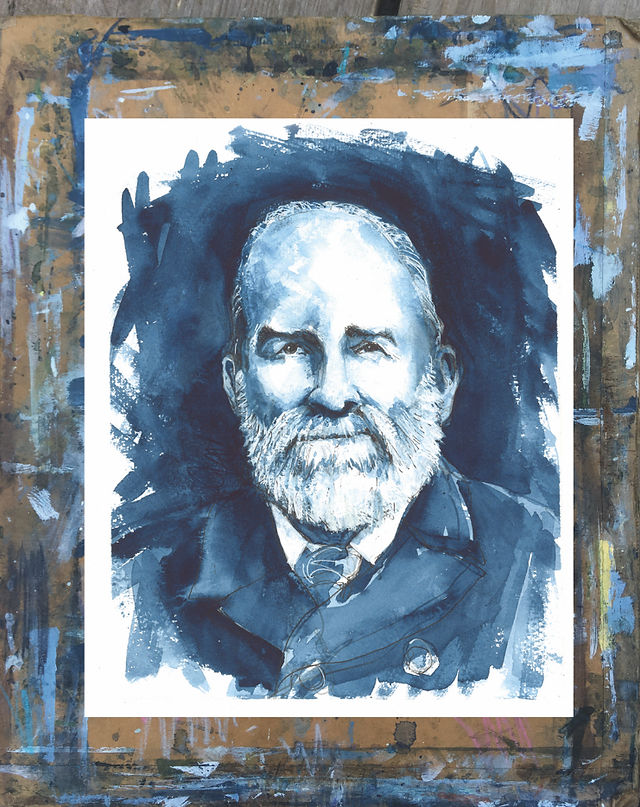 Blue watercolor portrait of a bearded older man on white paper, set on a textured wooden background.