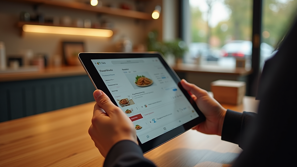 Eye-level view of a person using a tablet to order food online