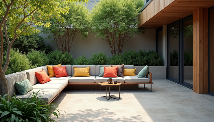 Close-up view of built-in stone seating with colorful cushions and surrounding plants