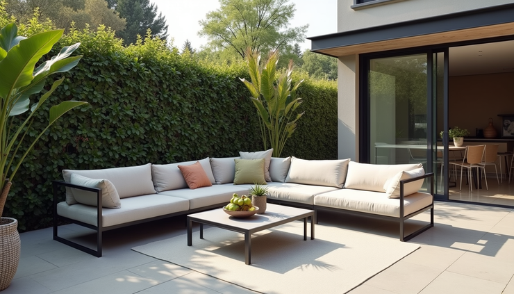 Eye-level view of a modern sectional patio sofa with neutral cushions and sleek metal frame