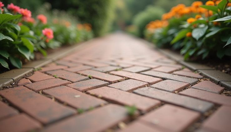 Close-up view of a brick pathway with a herringbone pattern bordered by flowering plants