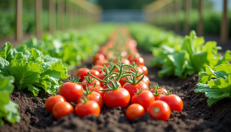 Eye-level view of a raised bed vegetable garden with diverse plants