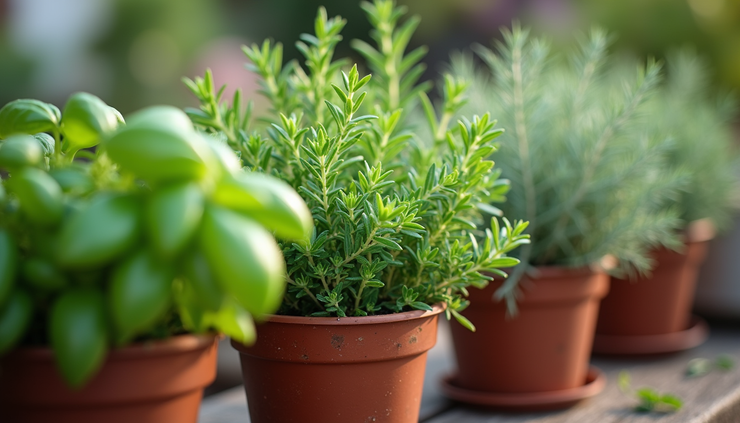 Close-up view of a small backyard herb garden in containers