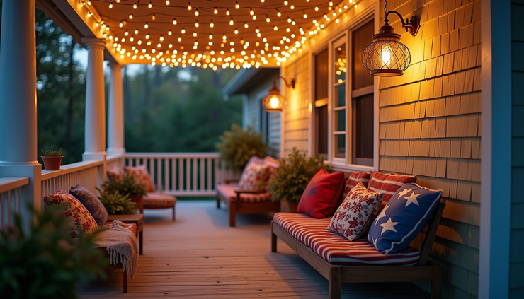 High angle view of a cozy porch with string lights, bunting, and vintage patriotic cushions