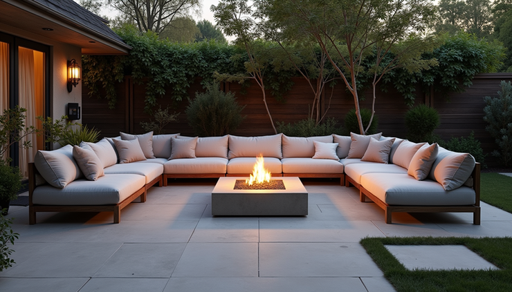 High angle view of a large outdoor sectional sofa with cushions and a fire pit in the middle