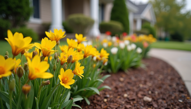 Close-up view of a front yard flower bed with colorful seasonal flowers and mulch