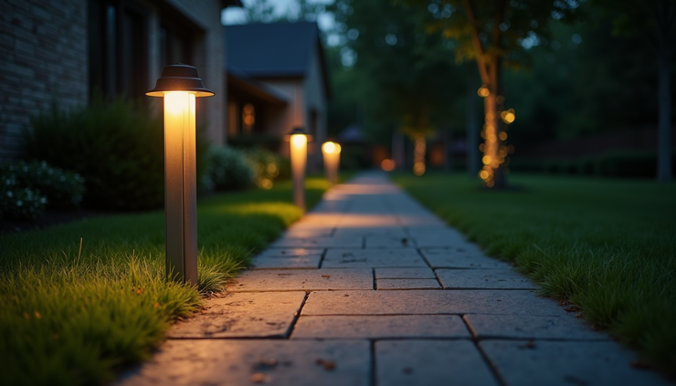 Close-up of a garden pathway lit by low-voltage LED lights at night
