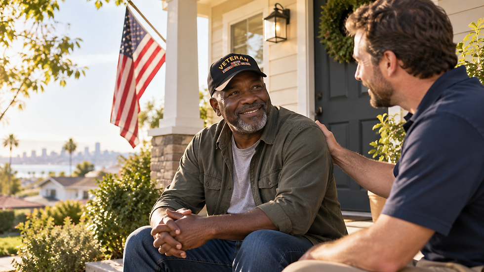 Smiling veteran talking with a man on a front porch.