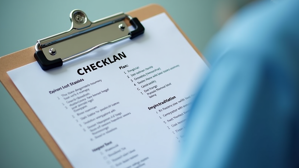 Close-up view of a checklist and care plan on a clipboard in a healthcare facility