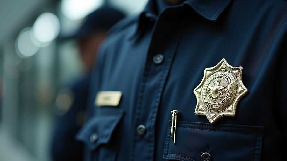 Close-up view of a security guard’s uniform and badge
