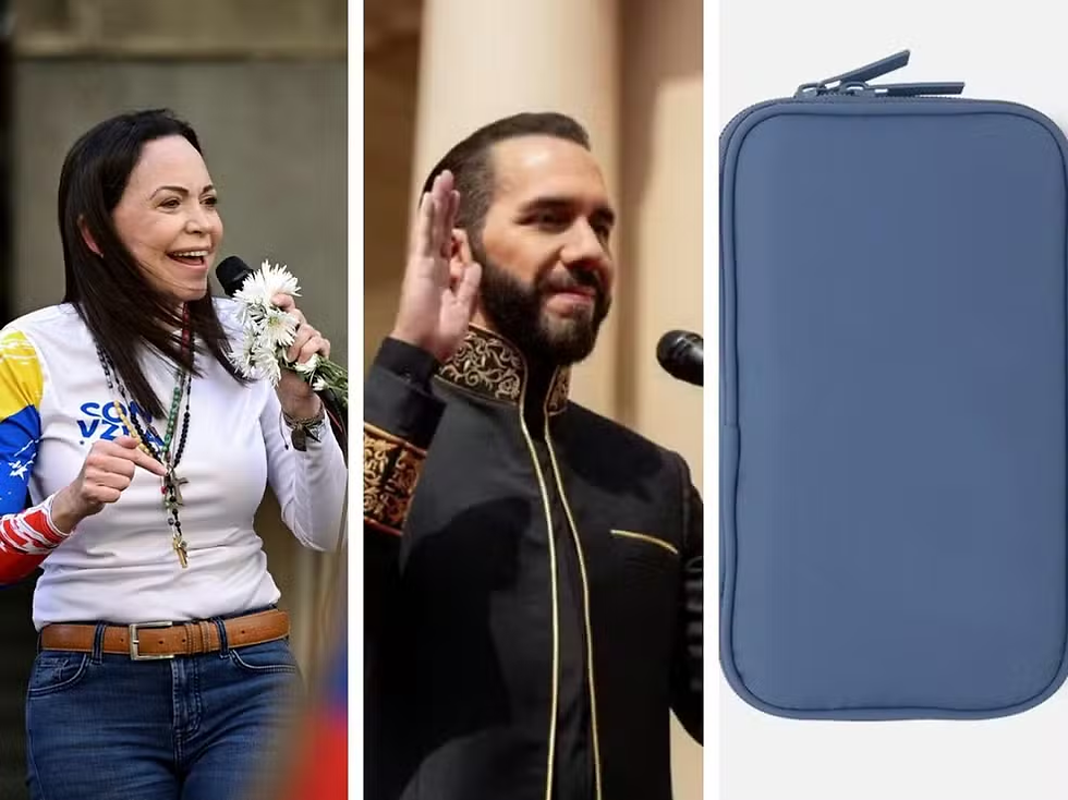 A opositora venezuelana María Corina Machado, o salvadorenho Nayib Bukele e uma bolsa azul — Foto: Reuters/Redes sociais