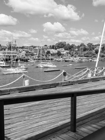 Scenic black and white harbor with boats and hillside town