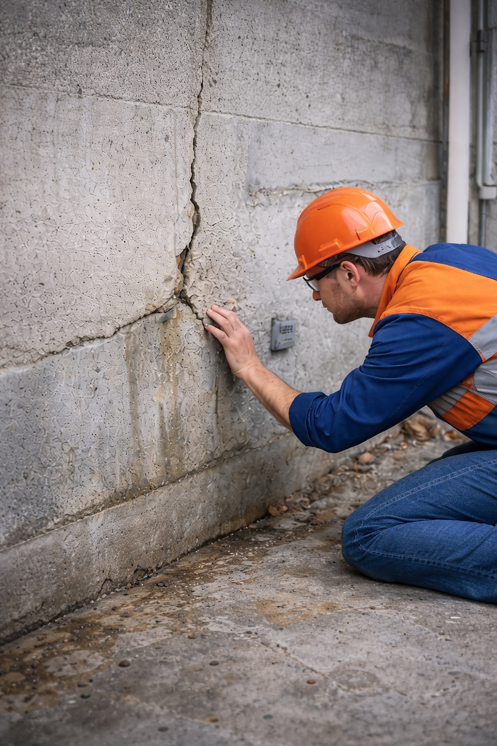 Ouvrier en casque orange inspectant une fissure dans un mur de béton gris, agenouillé, atmosphère inquiète.