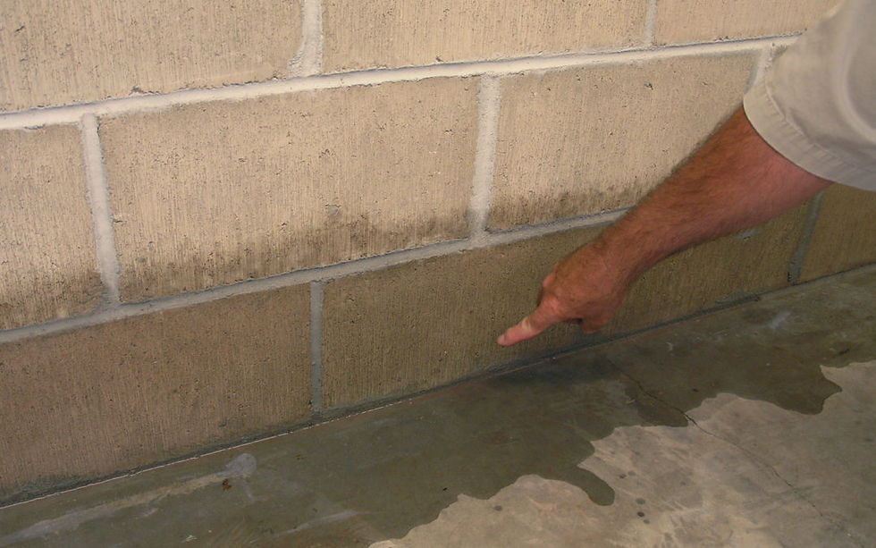 Bras pointant une zone humide au bas d’un mur en parpaings, avec eau qui s’infiltre sur le sol gris.