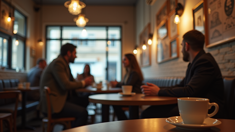 Eye-level view of a cozy coffee shop interior with people engaged in conversation