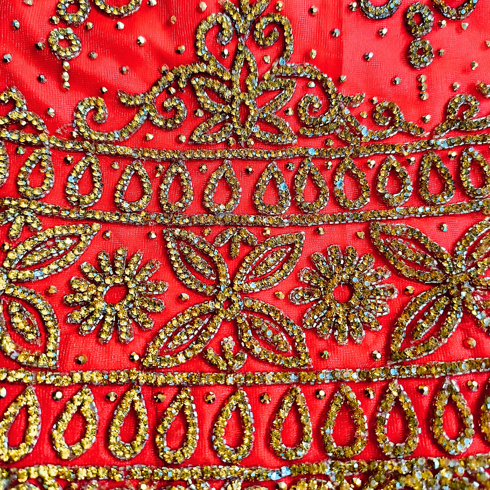 Thumbnail: Red Indian traditional bridal lehenga studded with golden gems, wore by a model