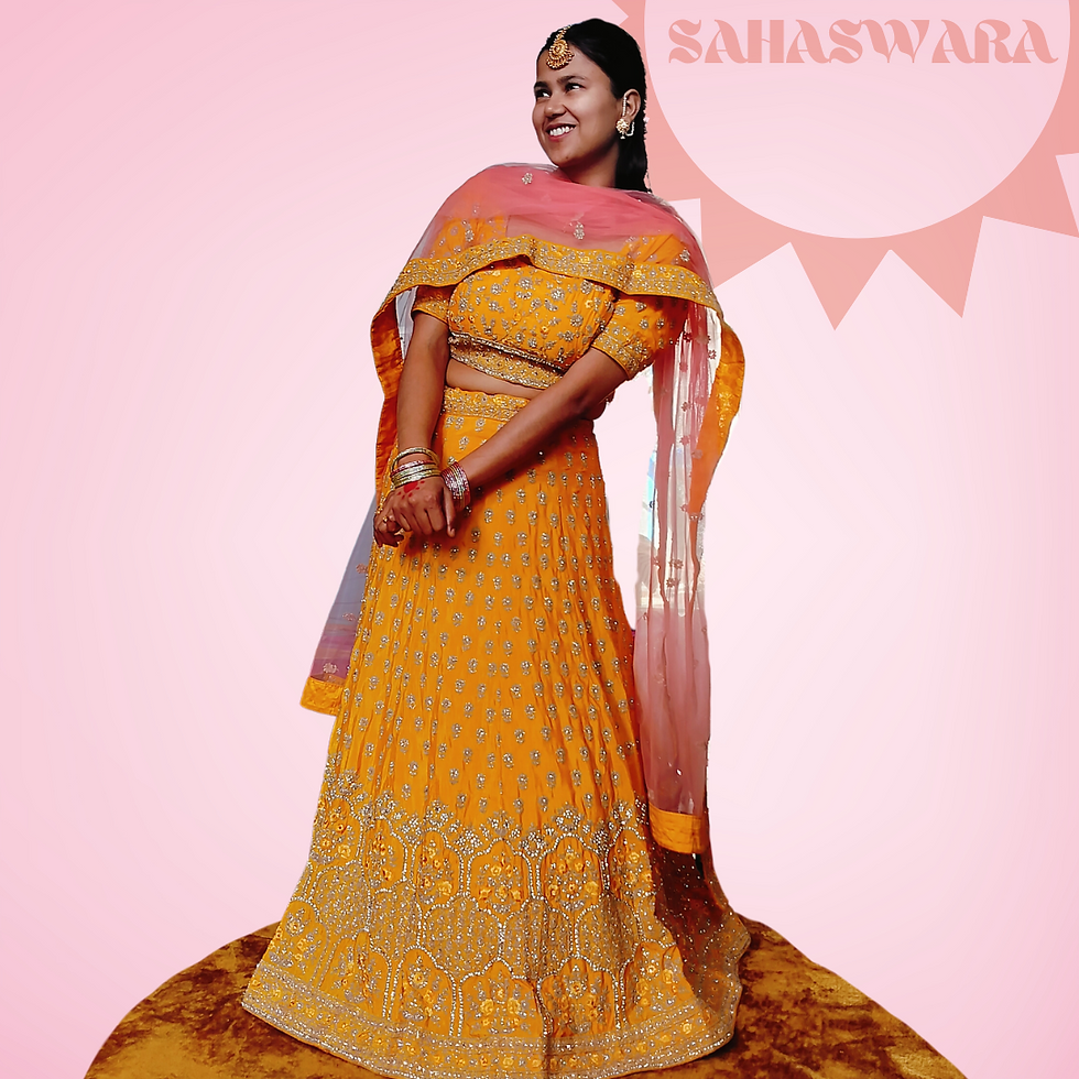 Yellow color lehenga, Indian traditional dress, wore by a model
