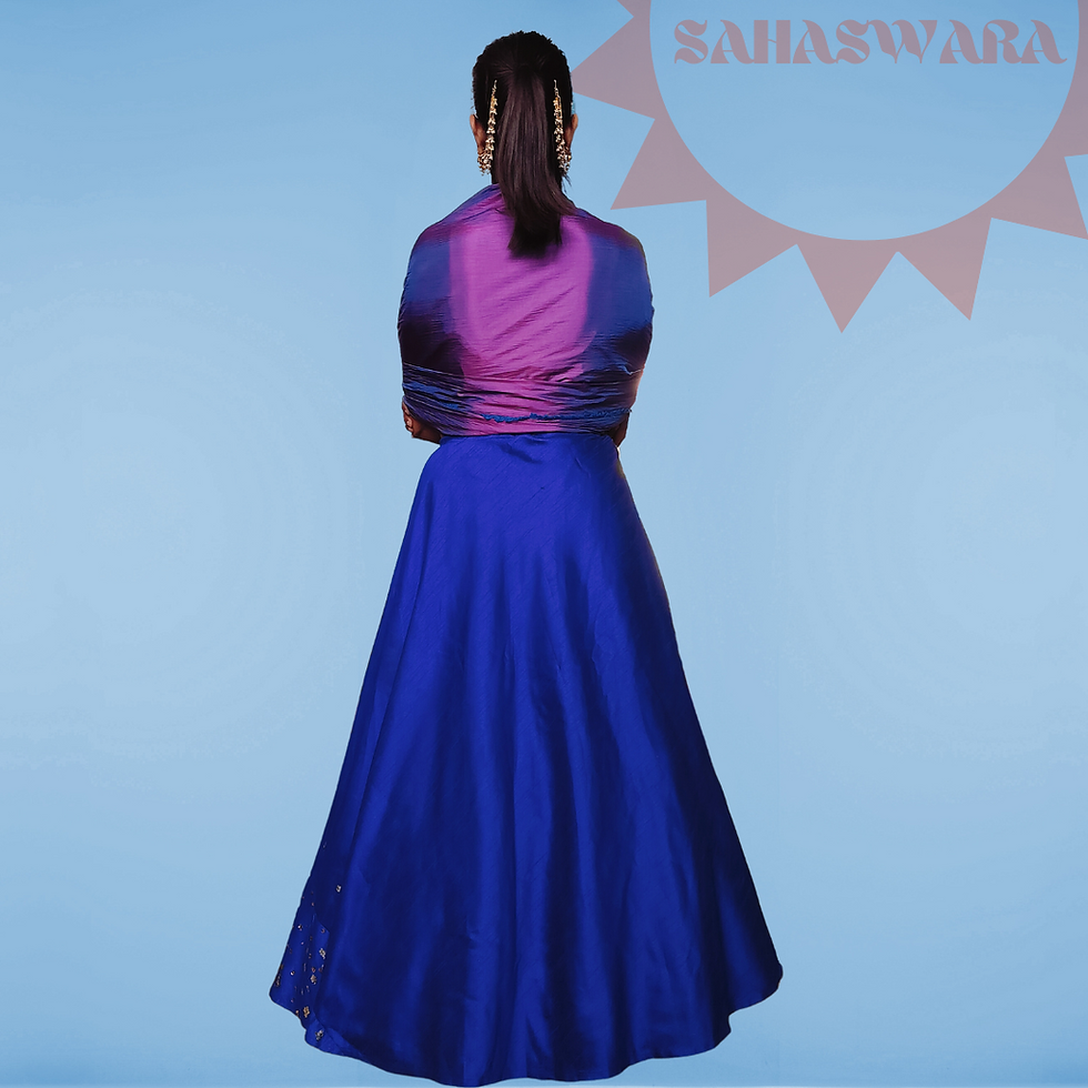 Thumbnail: Raw silk Blue Lehenga with pink satin blouse, wore by a model