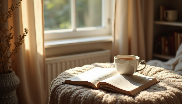 Eye-level view of a cozy reading nook with soft natural light and a cup of tea on a wooden table
