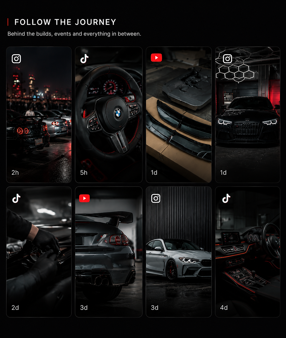 Modified cars and enthusiasts at a night car meet with city lights