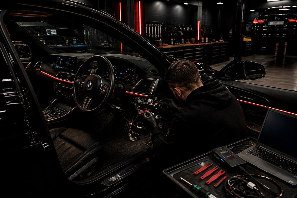 Modified performance car in a dark red-lit automotive workshop