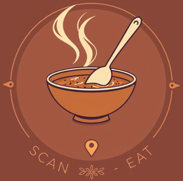 Create a premium circular website icon representing “visit, scan and eat” for an establish