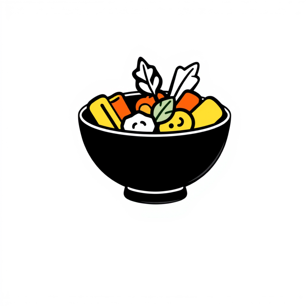 Black minimal icon of a steaming Indian food bowl with fresh vegetables and a small leaf,