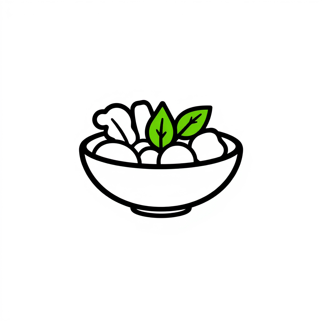 Black and green minimal vegetarian food SVG icon, fresh vegetable bowl with a small green
