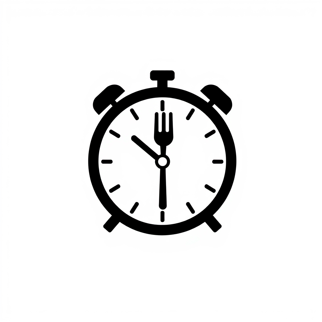 Black minimal icon of a simple clock with a small fork and spoon inside, clean bold outlin