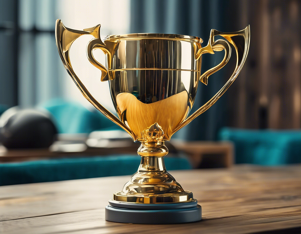Golden trophy on a wooden table, set against a blurred modern interior with teal accents, reflecting light, creating a sense of achievement.