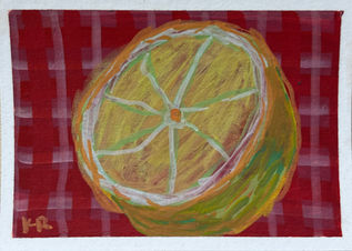 original acrylic painting of a sliced lemon set against a red plaid background