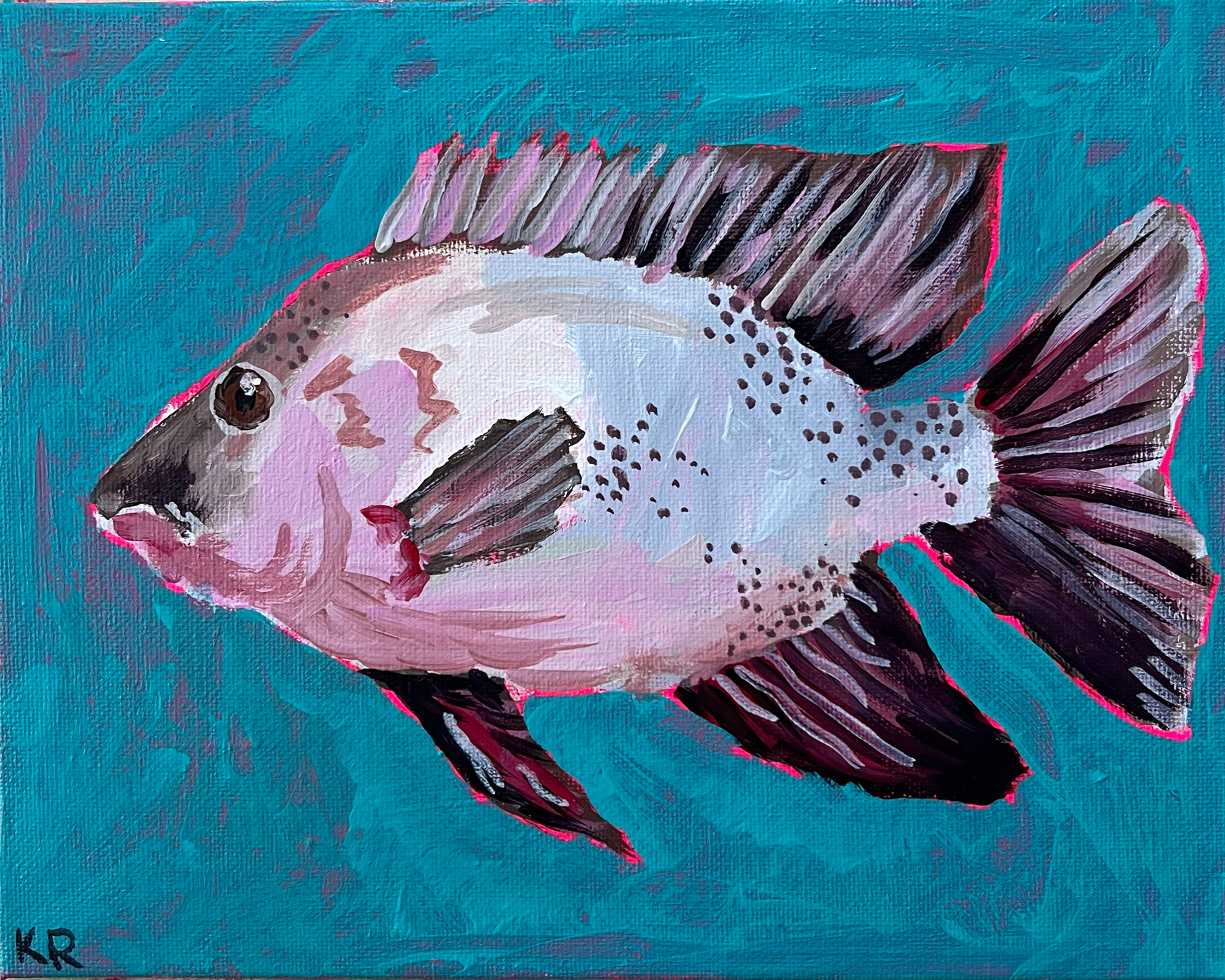 original acrylic painting of a singular live tilapia with pink and grey accents suspended in teal waters
