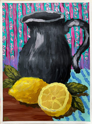 original acrylic painting of a black pitcher next to two lemons, one sliced, and some fresh herbs and a tea towel