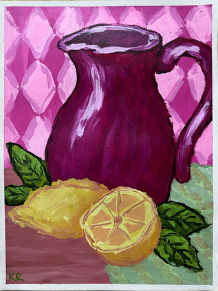original acrylic painting of a magenta pitcher next to two lemons, one sliced, & some fresh herbs & a tea towel & argyle
