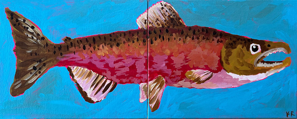 Thumbnail: original acrylic painting of a spawning salmon swimming solo against blue water 