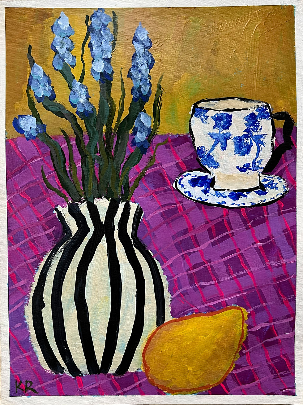 original acrylic painting of blue flowers in a black & white striped vase with a blue floral teacup with purple plaid table